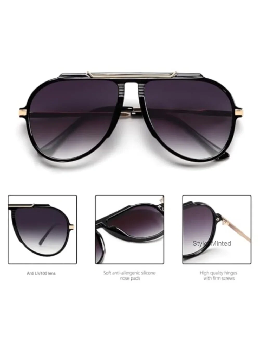 Oversized Aviator Sunglasses Gold Metal Frame UV400 Protection Tangle-Free